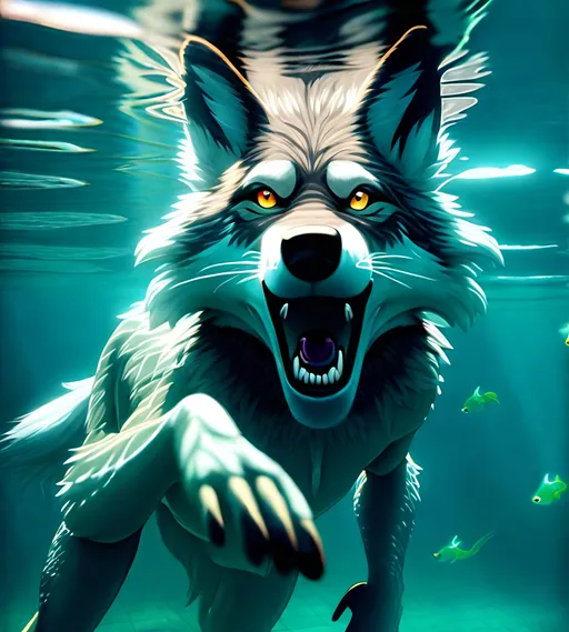 Prompt: Anthro furry wolf swimming underwater