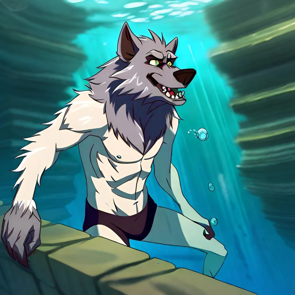 Prompt: Anthro furry werewolf swimming underwater, full body