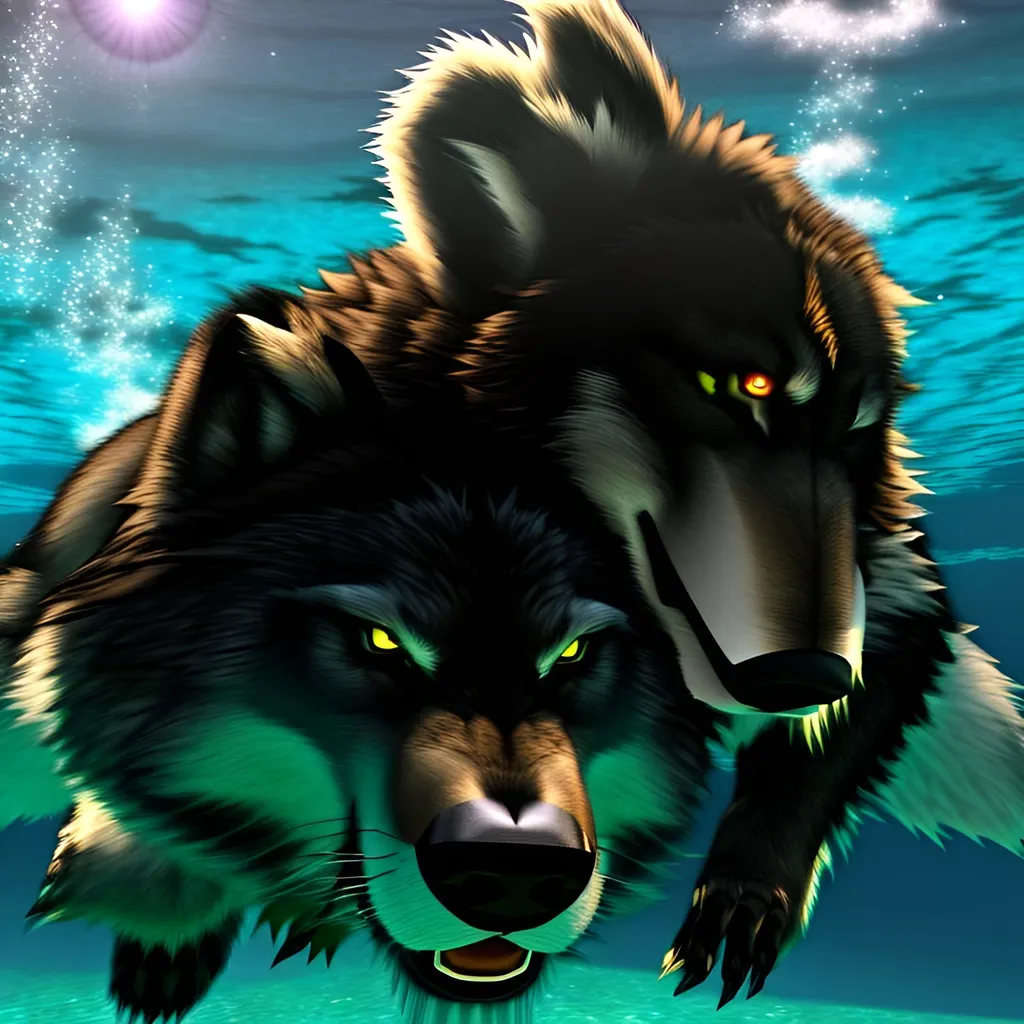 Prompt: Anthro furry werewolf swimming underwater