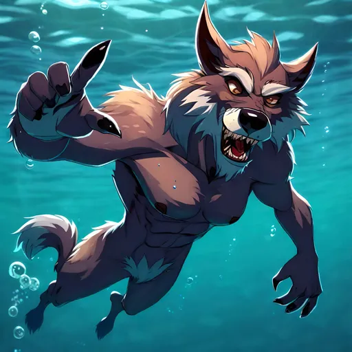 Prompt: Anthro furry werewolf swimming underwater, full body