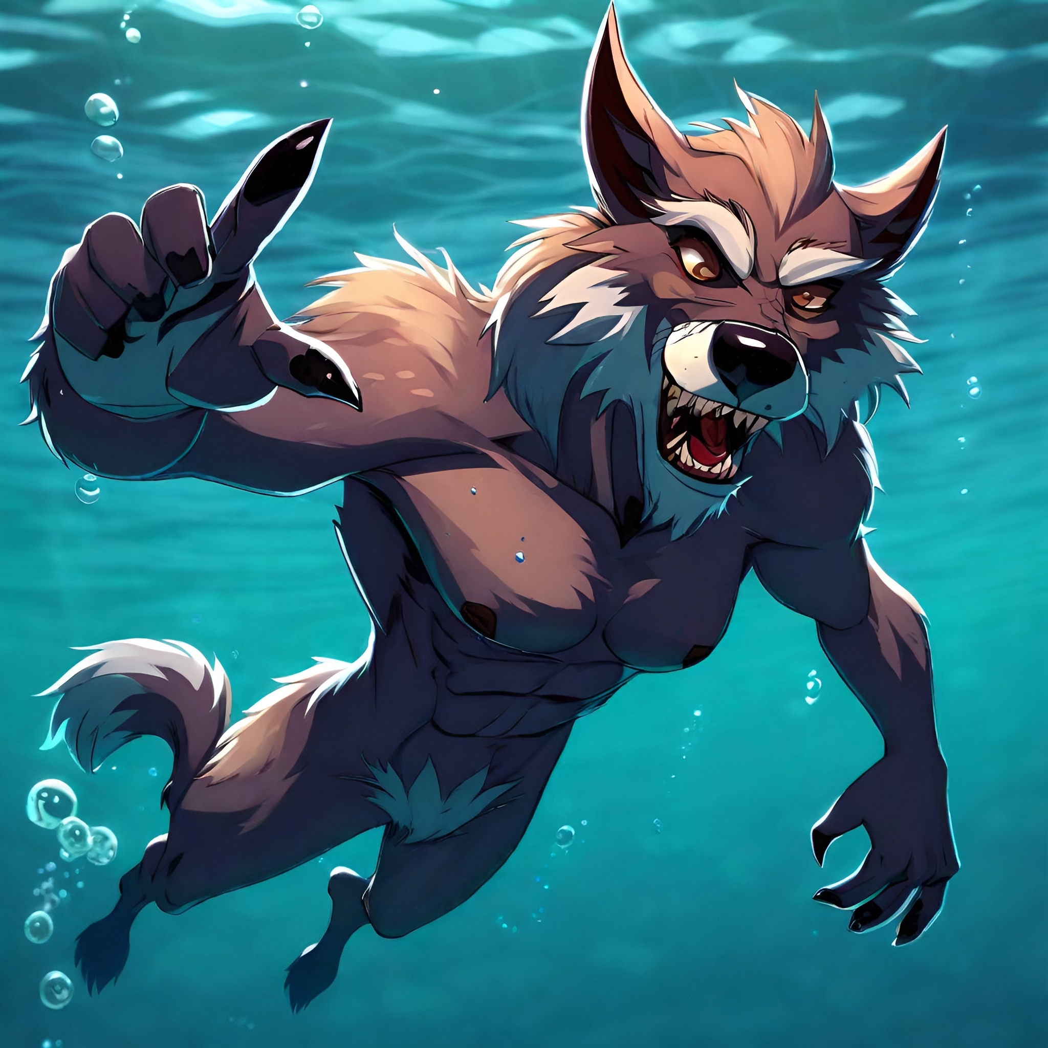 Anthro furry werewolf swimming underwater, full body