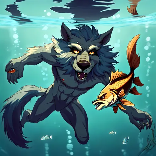 Prompt: Anthro furry werewolf swimming underwater with fish, full body,