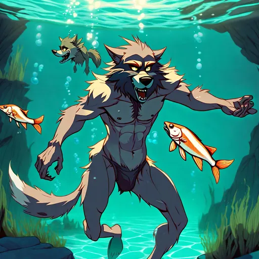 Prompt: Anthro furry werewolf skinny dipping  swimming underwater with fish, full body