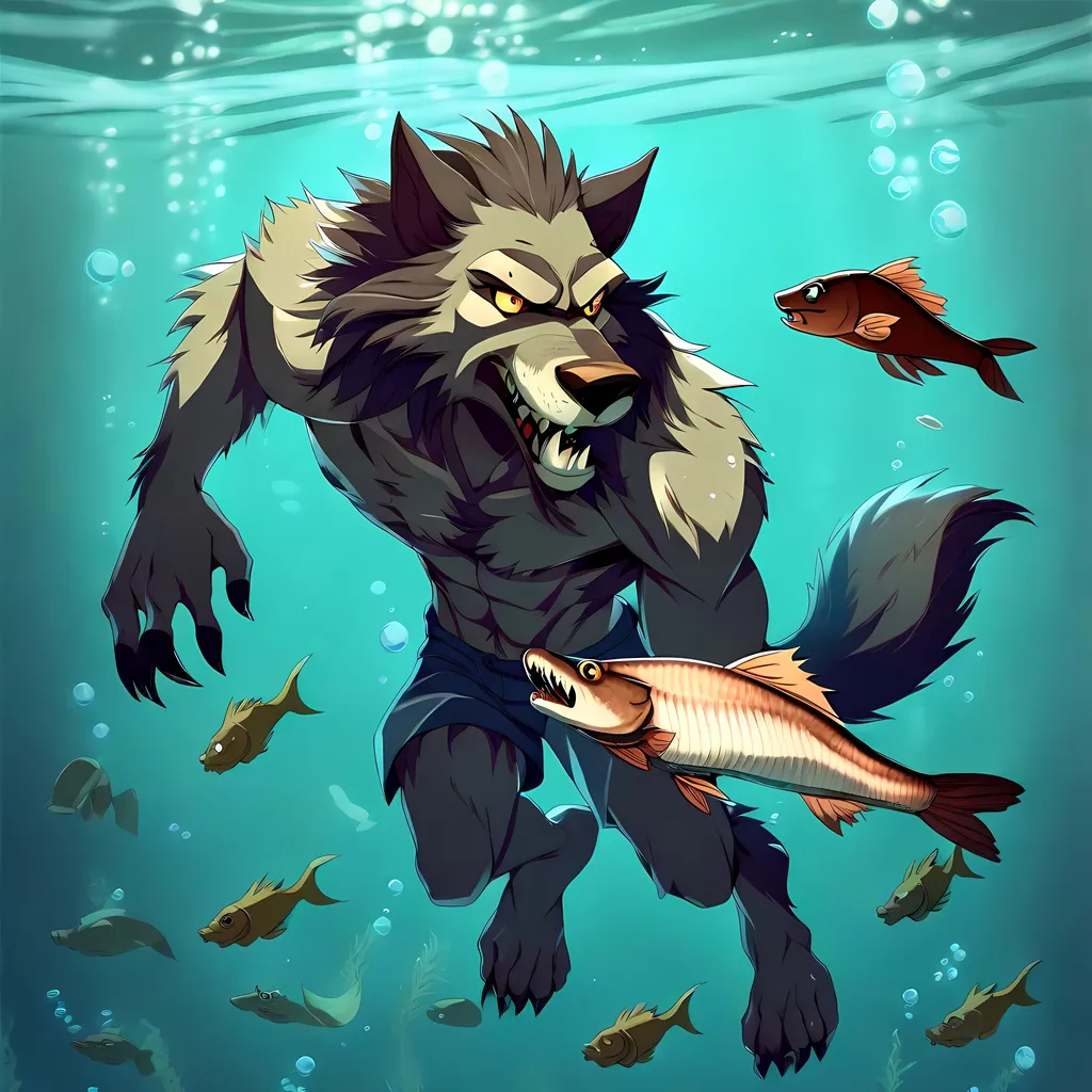 Prompt: Anthro furry werewolf swimming underwater with fish, full body,