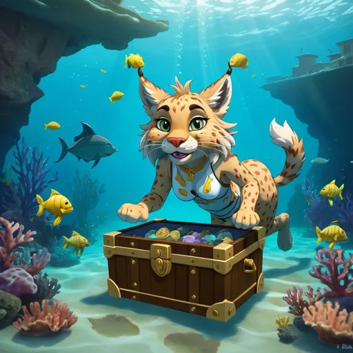 Prompt: An anthro furry lynx swimming underwater looking at a treasure chest under the ocean
