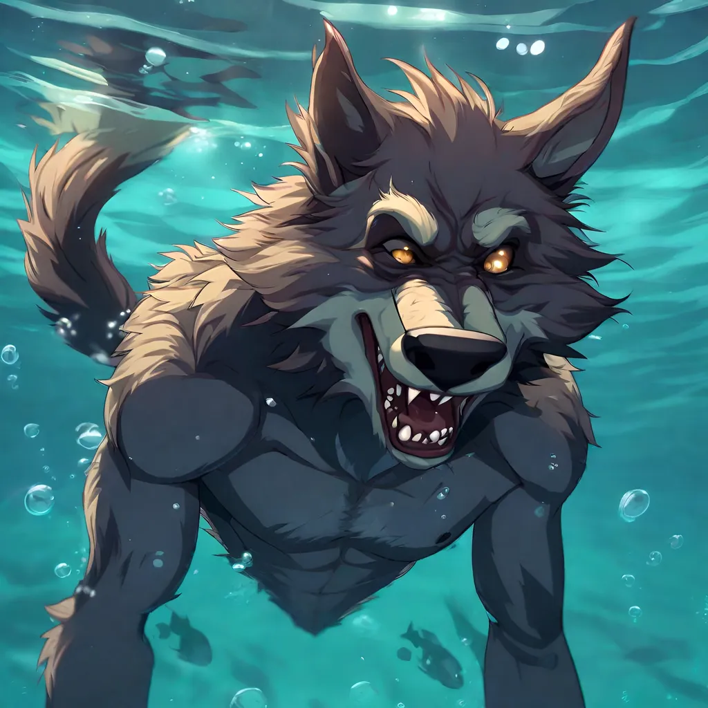 Prompt: Anthro furry werewolf swimming underwater, full body