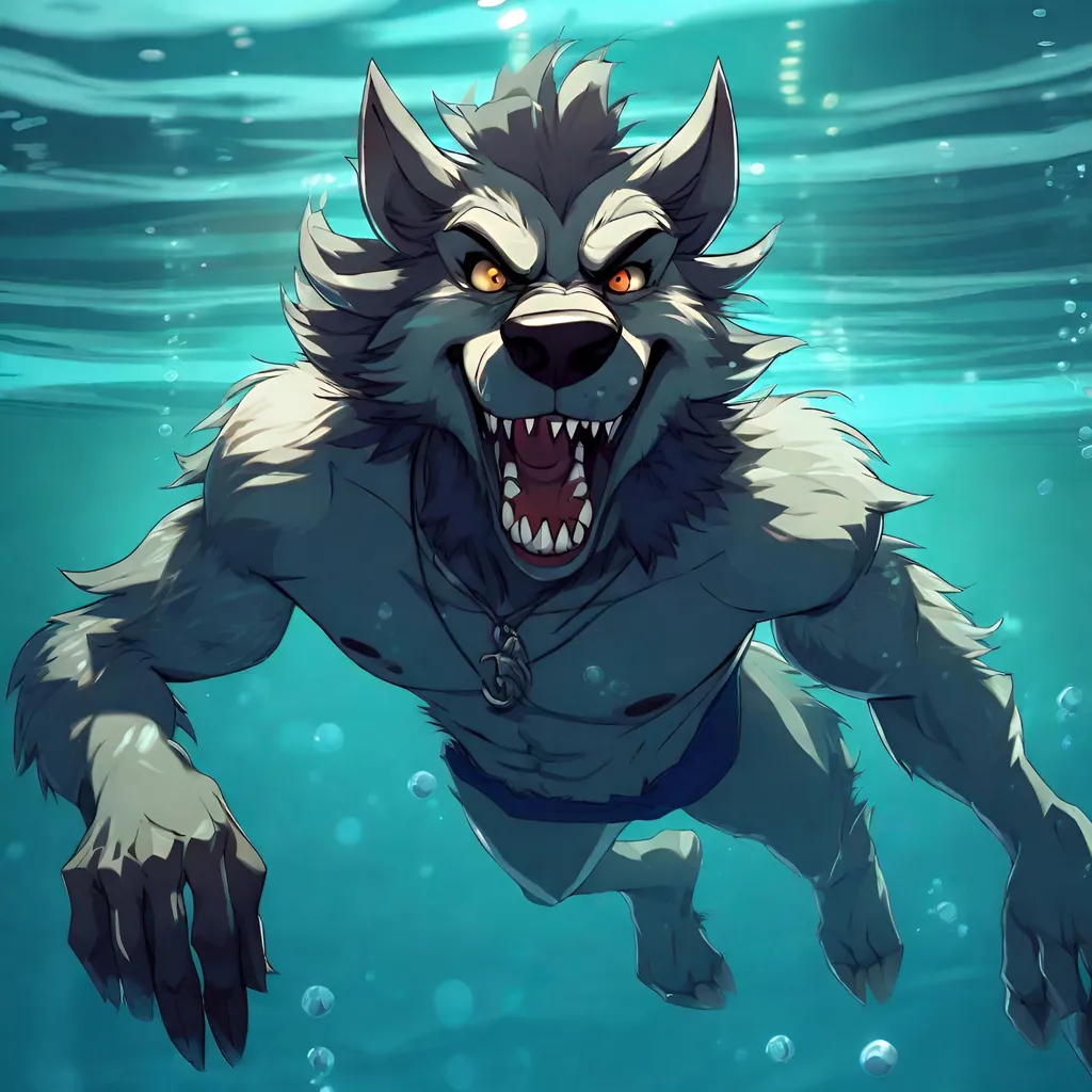 Prompt: Anthro furry werewolf swimming underwater, full body