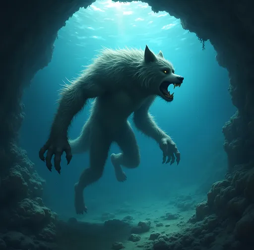 Prompt: Furry human werewolf hybrid swimming underwater into an ocean cave. Full body covered in body hair. Under the sea
