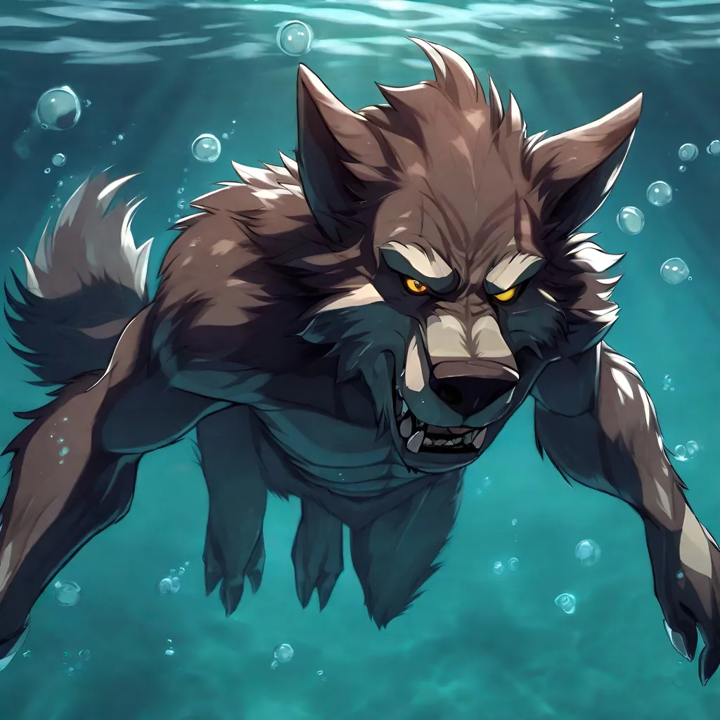 Prompt: Anthro furry werewolf swimming underwater, full body