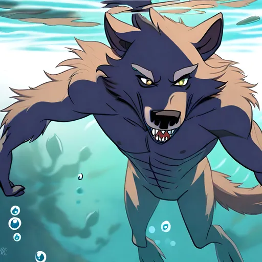 Prompt: Anthro furry werewolf swimming underwater, full body