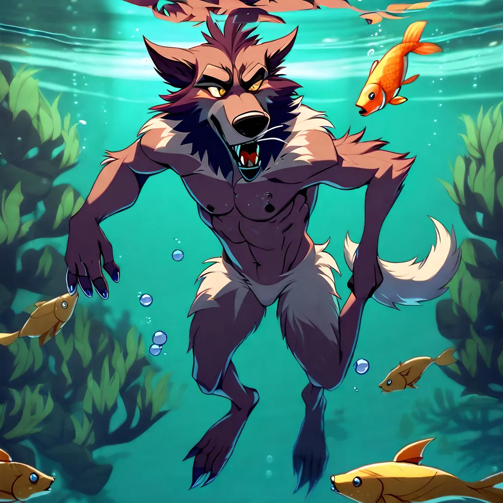 Prompt: Anthro furry werewolf skinny dipping  swimming underwater with fish, full body