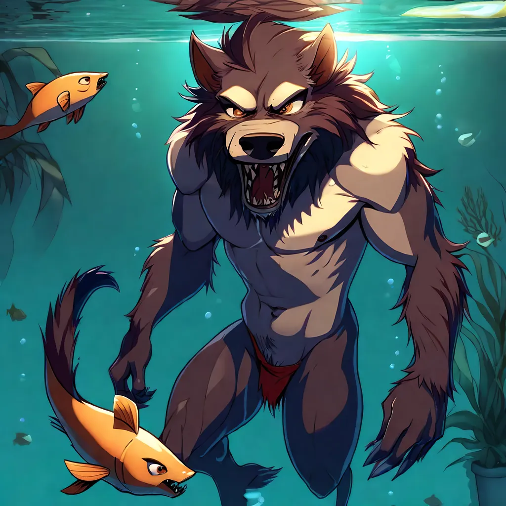 Prompt: Anthro furry werewolf skinny dipping underwater with fish