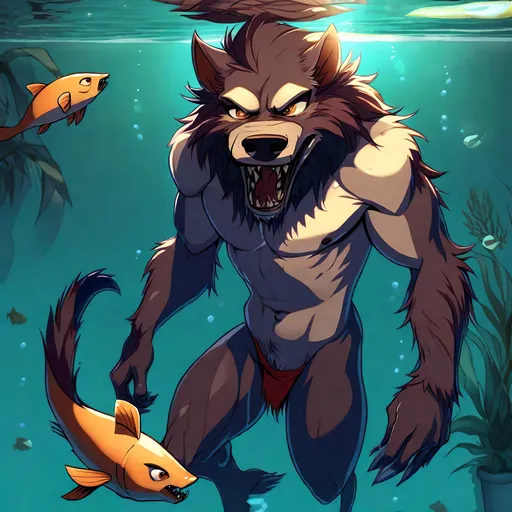 Prompt: Anthro furry werewolf skinny dipping underwater with fish