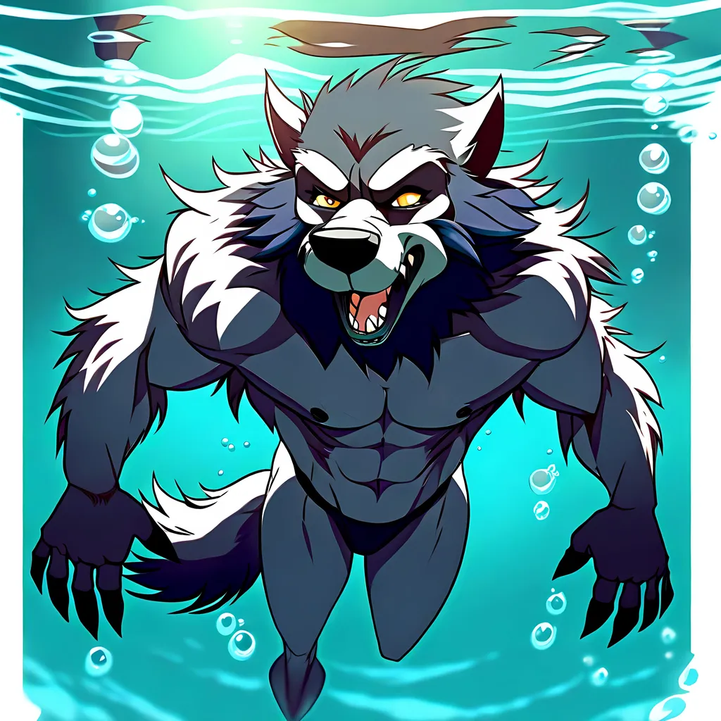 Prompt: Anthro furry werewolf swimming underwater, full body