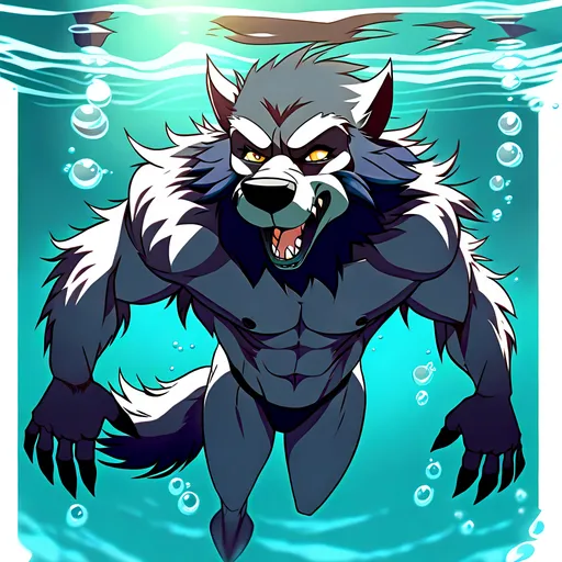 Prompt: Anthro furry werewolf swimming underwater, full body