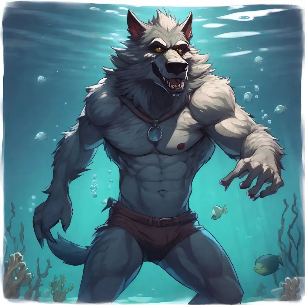 Prompt: Anthro furry werewolf freediving underwater