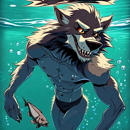 Prompt: Anthro furry werewolf skinny dipping  swimming underwater with fish, full body