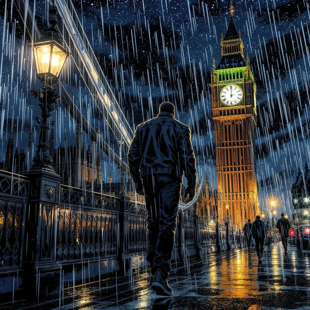 Prompt: A comic book black man is walking over westminister bridge towards big ben. He is wearing a black leather jacket with with black air max trainers it is raining and it is nighttime the sky is full of stars