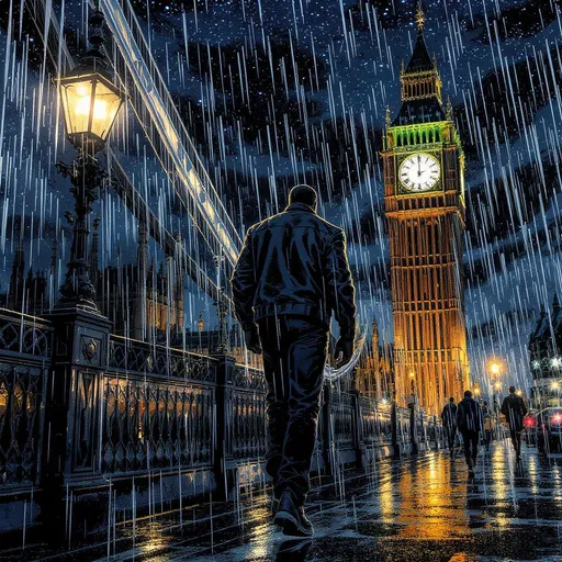 Prompt: A comic book black man is walking over westminister bridge towards big ben. He is wearing a black leather jacket with with black air max trainers it is raining and it is nighttime the sky is full of stars