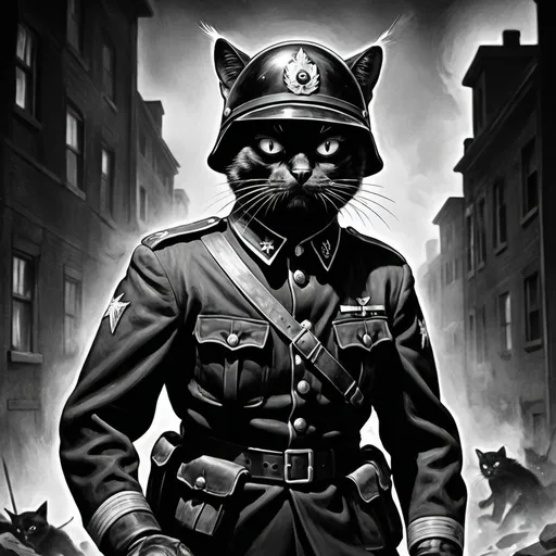 Prompt: 1942-themed black and white vintage illustration of a hyper-masculine, scared, ragged black cat soldier, intense inner-city combat, noise added, black uniform, SS black helmet, high quality, vintage, intense combat, hyper-masculine, scared, ragged, urban setting, black and white, detailed, atmospheric lighting