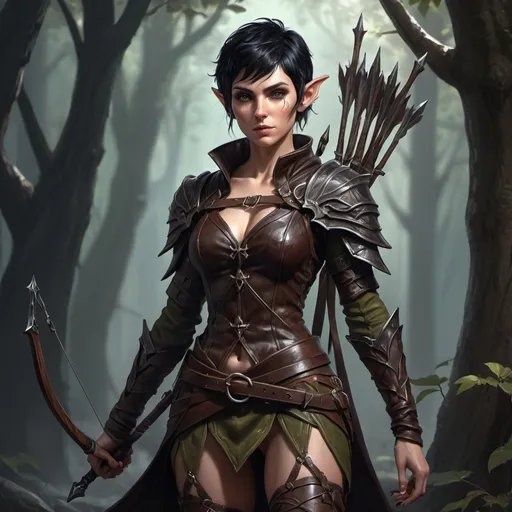 Prompt: full body Intimidating female wood elf in fantasy game-rpg style, short black hair, messy hair, leather clothing, crossbows, detailed ears, high quality, fantasy, detailed features, elegant, dark aura, professional, full body illustration, game-rpg, detailed, stylish, fantasy style, powerful aura, atmospheric lighting