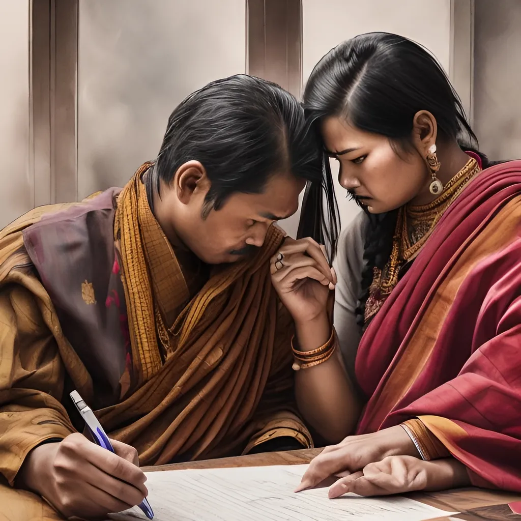 Prompt: Sad divorce of a Bhutanese couple, intense pain, signing papers, 1-year-old baby boy witnessing, emotional turmoil, traditional clothing, heart-wrenching expressions, realistic painting, muted colors, emotional intensity, highres, detailed, traditional art style, somber lighting