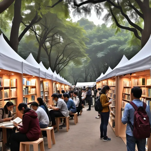 Prompt: cozy (literature festival), diverse crowd of book lovers and authors, inviting reading nooks, showcasing literary works,