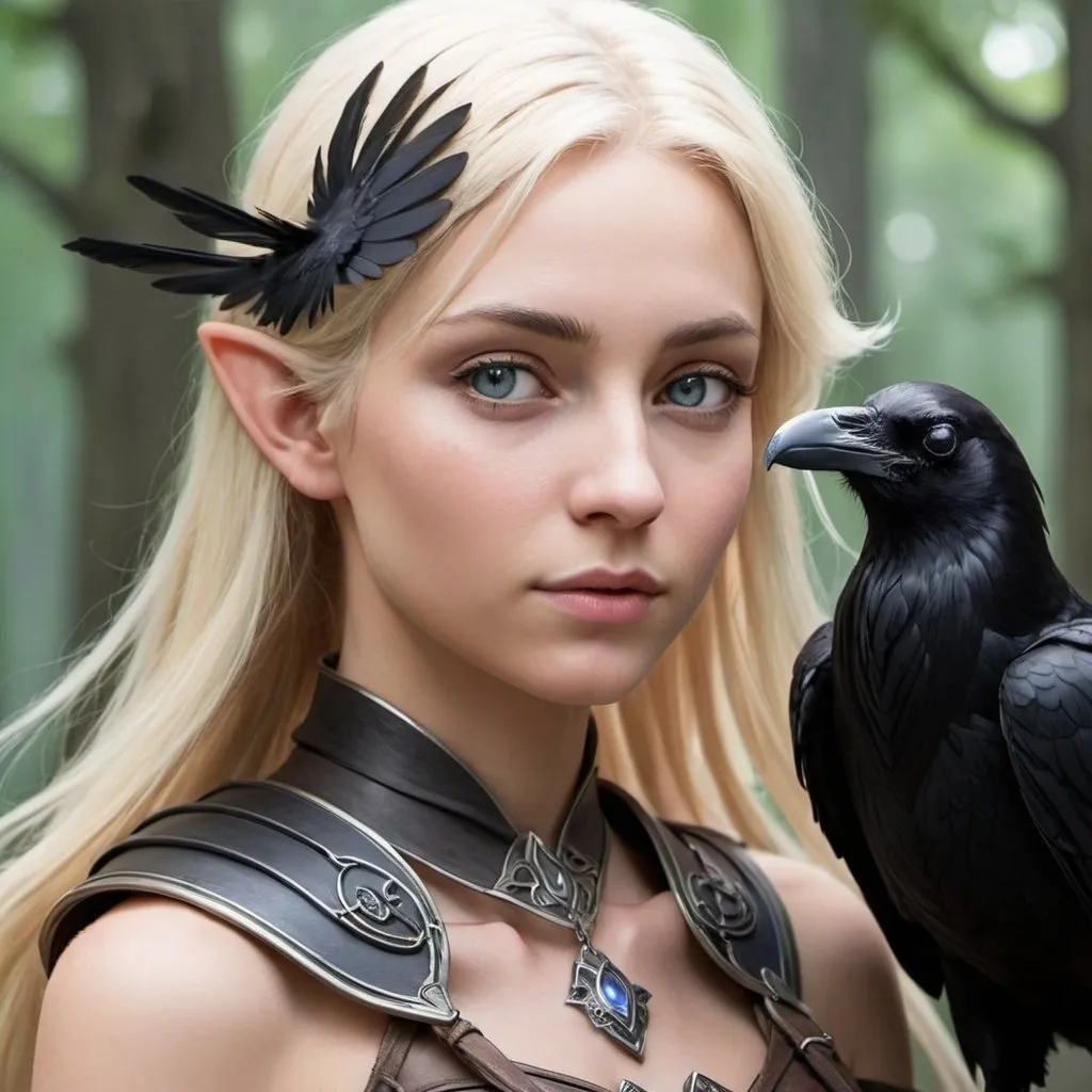 Prompt: A blond haired female light elf has a mysterious raven on her shoulder