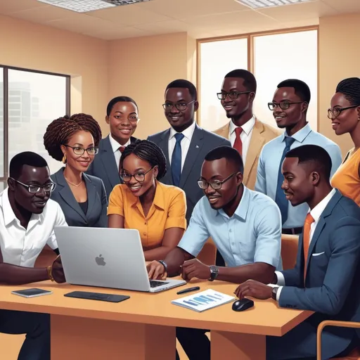 Prompt: "Create an illustration of an innovative IT solutions provider based in Ghana, showing diverse teams working together to develop cutting-edge technology solutions. The scene should represent collaboration, innovation, and multiculturalism, with a focus on technology and business growth."
Innovation and Branding