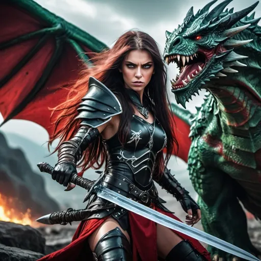 Prompt: Bsexy womanl, big green eyes, black and red long hair, Mage, magic,  leather battle armor, with a daimond long sword. fighting a black orc with white teeth and slimey long hair on a dragon
