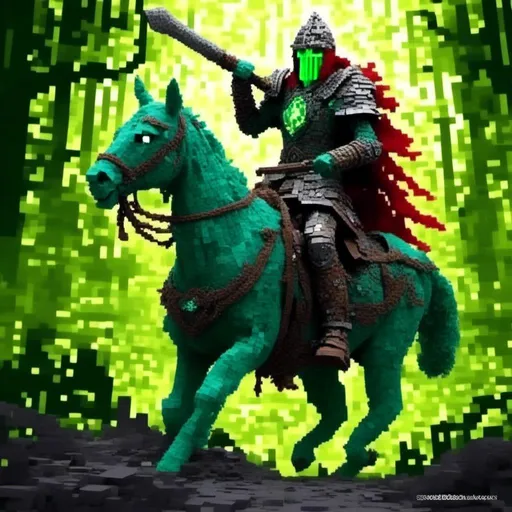 Prompt: <mymodel>  knight on horse back in blood souls setting and graphic style with minecraft graphics
