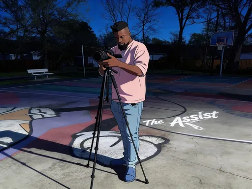 Prompt: make character look just like picture. semi anime. punchy dark color correction, still look realistic. "The Assist" written in the concrete
