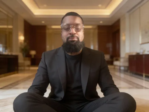 Prompt: Photograph of a medium-skinned Black man with a full, thick black beard and short-cropped hair. He is wearing clear, rectangular eyeglasses and a black T-shirt. His expression is neutral, with slightly pursed lips. The background is softly blurred, featuring a wooden door on the right and a light-colored wall on the left. The lighting is natural, coming from the left side, creating a soft shadow on his right cheek. The overall tone of the image is warm and slightly muted. The man is centered in the frame, with the photograph focusing on his upper torso and face. I want character to be sitting in a high class hotel, cross legged with a suit on
