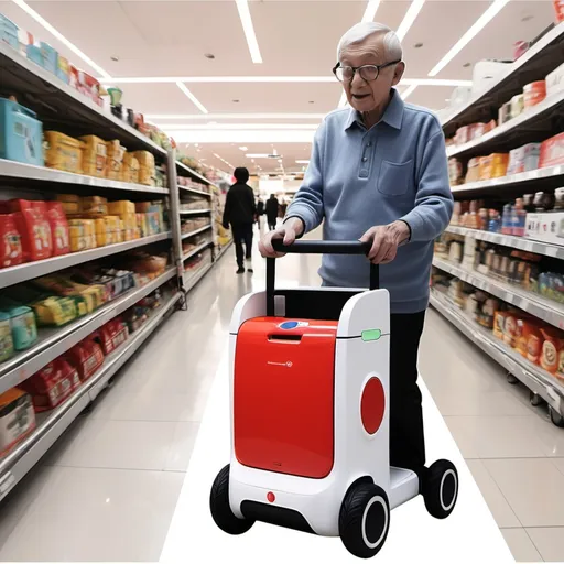 Prompt: bluetooth smart wifi shopping cart with handset disable elderly emergency button automatic cart open can sit as a chair and help you walk　elderly focus elderly and disvisionable automatic open the shopping cart without hand　disable　it can let people sit on it and help to walk and automatic sensor to open the storage