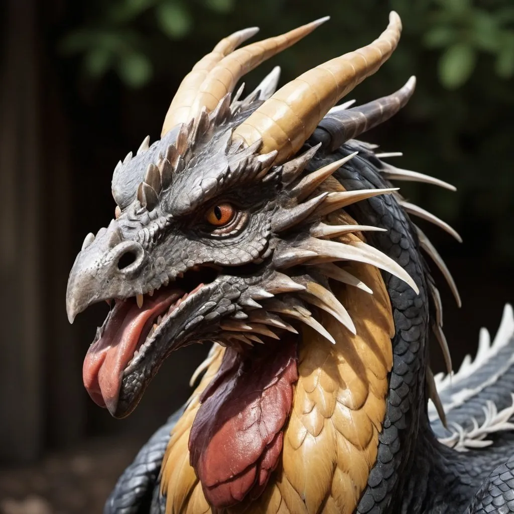 Prompt: An imposing western dragon with chicken like features including 
- comb
-beak like mouth 
-wattle