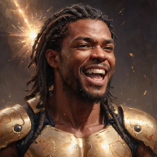 Prompt: A right-side profile view of a hyper-realistic, detailed illustration of Michael Hatcher laughing. He's a devastatingly handsome ((Cute)) heavy muscular, copper-skinned, Black man, age 24, ((long, black dreadlocks)) glowing gold eyes, black goatee, resembles Alexander Pink, writer of "Bennu Strand: The World Inside BOOK ONE". A divine being of the fire element, wearing a full plate, translucent, white and black, Macross-style, futuristic suit of armor with gold highlights with gold trim. He looks very happy, laughing hysterically. Battlefield on fire as background, dirt, hope and technological opulence, light ambient, (brilliance) (lens flare) photo realistic, A radiant male.  Each brushstroke depicts his noble features with an ethereal glow, transforming the image into a masterpiece of mythical beauty. layered lighting, (photorealistic), highly detailed, hyper-realistic, high-res, layered. Courage, hope, technological opulence, light ambient, (lens flare) realistic detail, soft glow, Alchemy smooth, alchemy crisp, Standing full-body in human anatomy pose, knitted angry brow, devious looking with a dark, sinister glare. Technological opulence, light ambient, (brilliance) (lens flare) photo-realistic, hyper-realistic, texturized, low smooth upscale, alchemy refiner medium, light ambient, (lens flare) (extremely colorful:1.3),His body is turned to the right, looking to the horizon. Courage, hope,