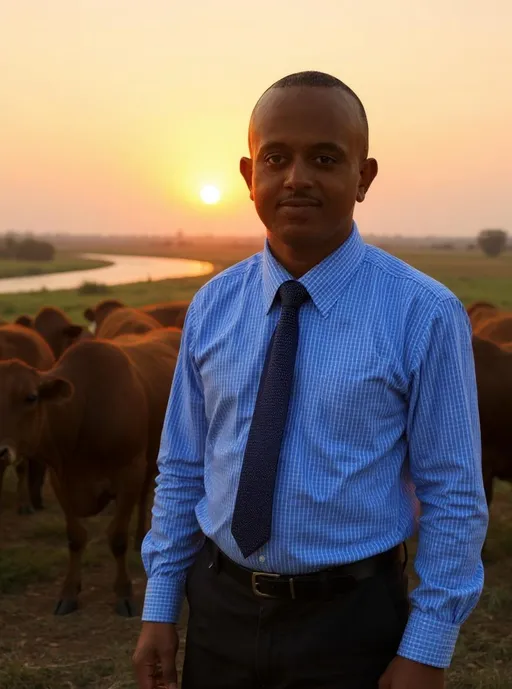 Prompt: an ethiopian cattle herder standing beside his herd of cowa near the nile river during sunset.