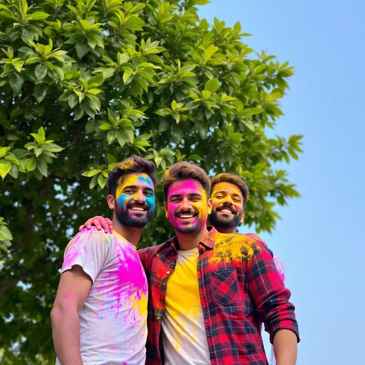 Prompt: Bathed in vibrant colors from a Holi celebration, three men stand close together under a lush green tree, their faces dusted with bright hues of pink, yellow, and blue. The sunlight highlights their playful expressions, revealing a mix of laughter and camaraderie as they pose for the camera. The man on the right sports a red plaid shirt, while the others wear casual t-shirts, all of them decorated with splashes of color that reflect the festive spirit of the occasion. In the background, a clear sky complements the lively atmosphere, creating a cheerful and joyful scene of friendship and celebration.