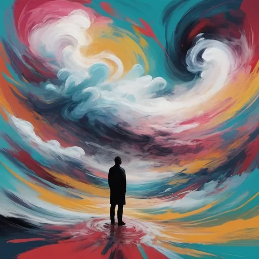 Prompt: Abstract expressionism and digital art, brushstrokes and vibrant colors. E
Exploring the complexities of mental health. The painting depicts a dreamlike landscape, where swirling clouds of anxiety and despair swirl around a lone figure