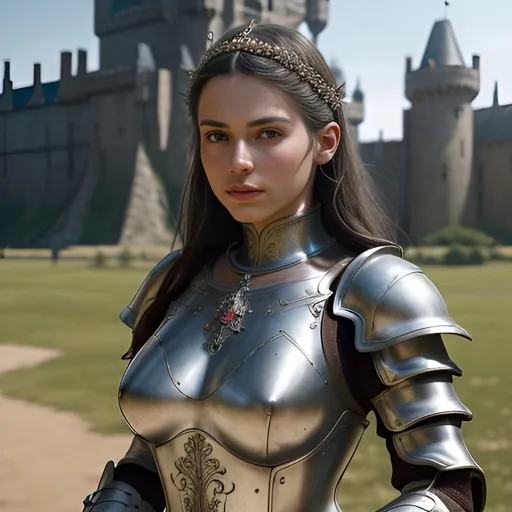 Prompt: (masterpiece), (extremely intricate:1.3), (realistic), portrait of a girl, the most beautiful in the world, (medieval armor), metal reflections, upper body, outdoors, intense sunlight, far away castle, professional photograph of a stunning woman detailed, sharp focus, dramatic, award winning, cinematic lighting, octane render  unreal engine,  volumetrics dtx, (film grain, blurry background, blurry foreground, bokeh, depth of field, sunset, motion blur:1.3), chainmail