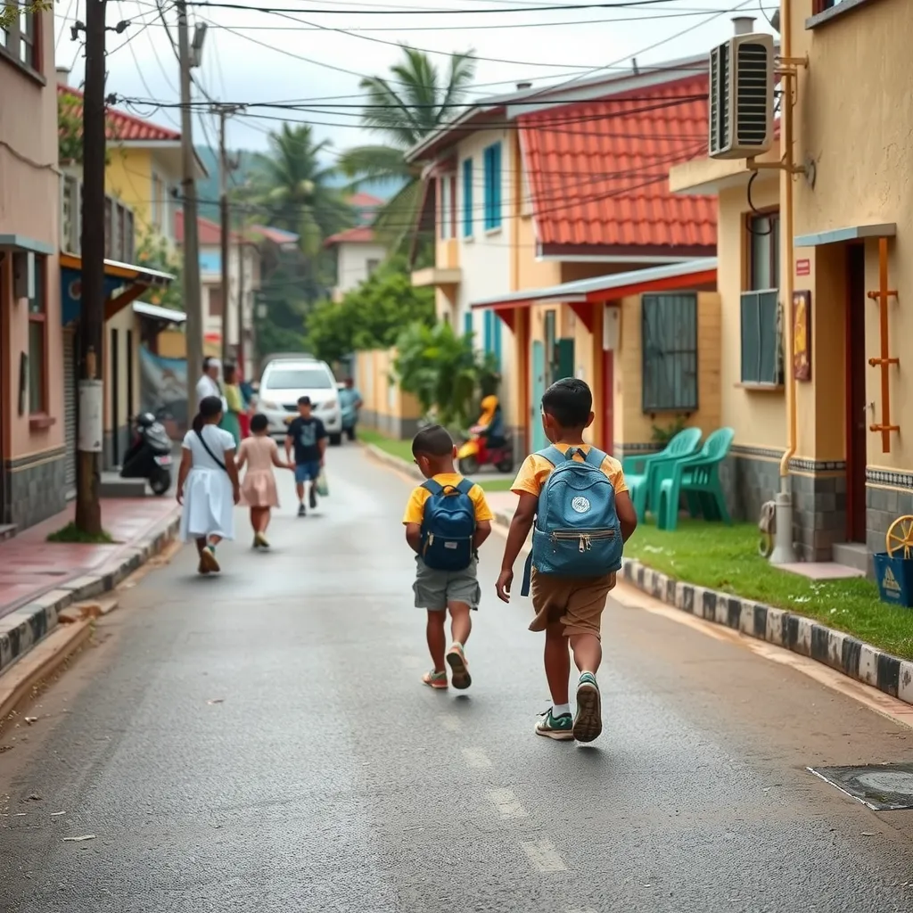 Prompt: children in street are going to school