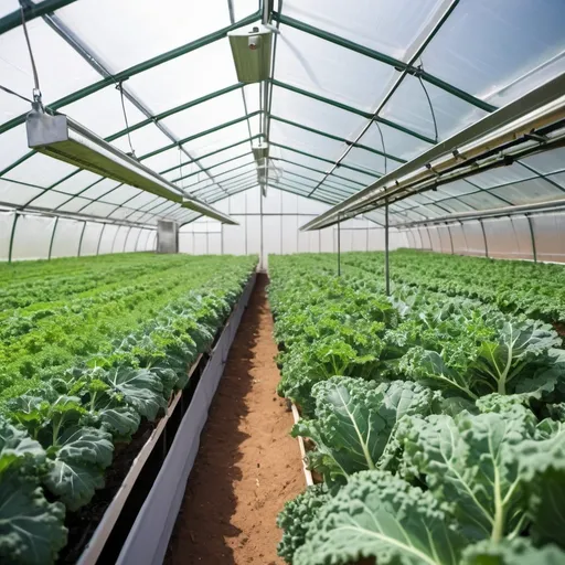 Prompt: green house growing kale on a frame, with automatic sunshade and cooling pad and exhaust fans
