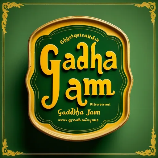 Prompt: RIGHT gadha jam in a vintage font having green as the background and golden yellow as text.