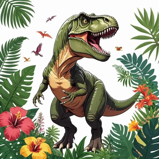 Prompt: full t-rex, roaring, surrounded by tropical and prehistoric plants and flowers, transparent background, flat vector, use the art style of disney