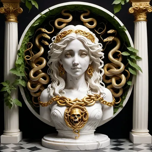 Prompt: Create a stunning and intricate white marble statue flecked with gold cracks of Medusa featuring her face with snakes for hair and a smirking smiling expression on a column stand made of marble surrounded by snakes and skulls and chains placed in a garden surrounded by lush greenery with the sunlight casting dramatic shadows on the intricate details of the sculpture