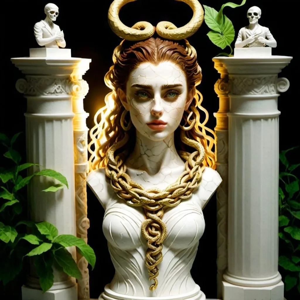 Prompt: Create a stunning and intricate white marble statue flecked with gold cracks of Medusa featuring her face with snakes for hair and a smirking smiling expression on a column stand made of marble surrounded by snakes and skulls and chains placed in a garden surrounded by lush greenery with the sunlight casting dramatic shadows on the intricate details of the sculpture