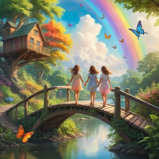 Prompt: sisters walk on the bridge, with rainbow background, a fish jumping from river, a butterfly flying over house tree