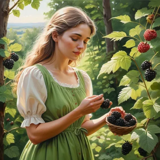 Prompt: Woman picking blackberries, realistic oil painting, serene natural setting, warm sunlight filtering through trees, detailed facial features, colorful summer dress, high quality, realistic, detailed, traditional, warm tones, sunlight filtering through trees, lush green foliage, peaceful atmosphere