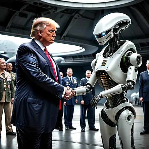 Prompt: President Donald Trump shaking hands with a robot space alien, military air force base, UFO landing site, military officers, high-tech setting, realistic, detailed, sci-fi, political, futuristic, military, extraterrestrial encounter, professional lighting, high quality, detailed characters, realistic rendering, intense atmosphere, presidential handshake, futuristic technology, military presence, official encounter