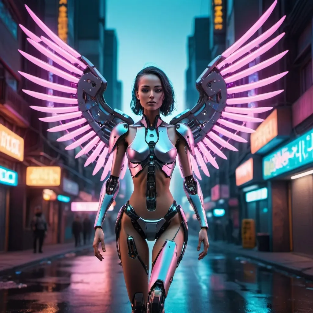 Prompt: high resolution robotic woman with metal wings floating in the street of a neon cyberpunk city